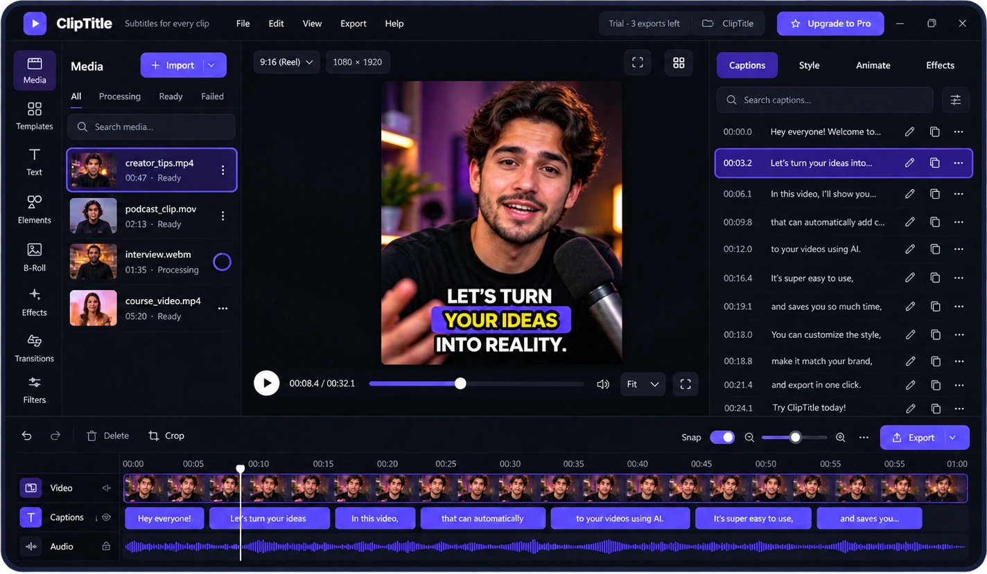 The ClipTitle editor: media list, a 9:16 video preview with word-timed captions, the timed caption list and the timeline