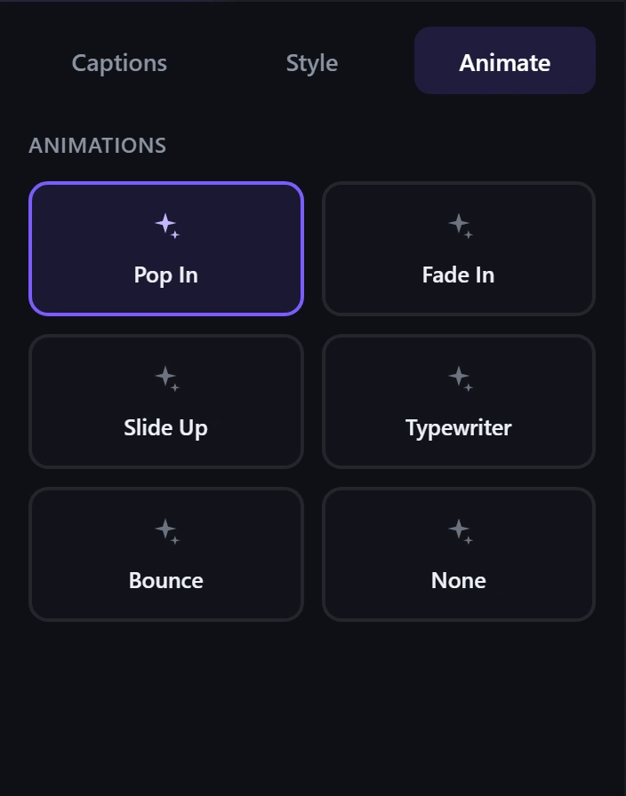 ClipTitle caption animations: Pop In, Fade In, Slide Up, Typewriter and Bounce