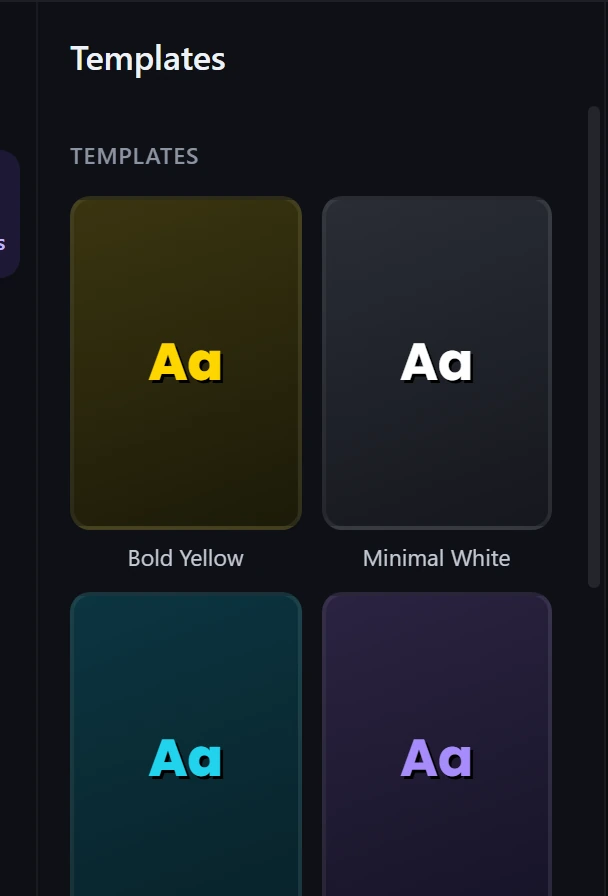 ClipTitle caption templates: Bold Yellow, Minimal White, Neon Pop and Podcast