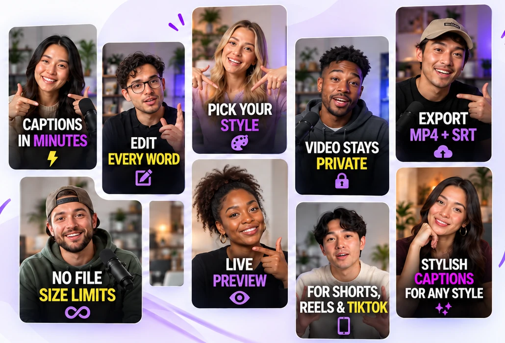 Creators with ClipTitle captions: captions in minutes, edit every word, pick your style, video stays private, export MP4 and SRT, live preview, for Shorts, Reels and TikTok