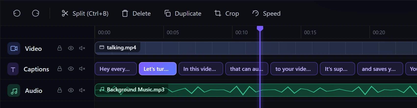 ClipTitle timeline with undo, redo, split, delete, duplicate and video, caption and audio tracks