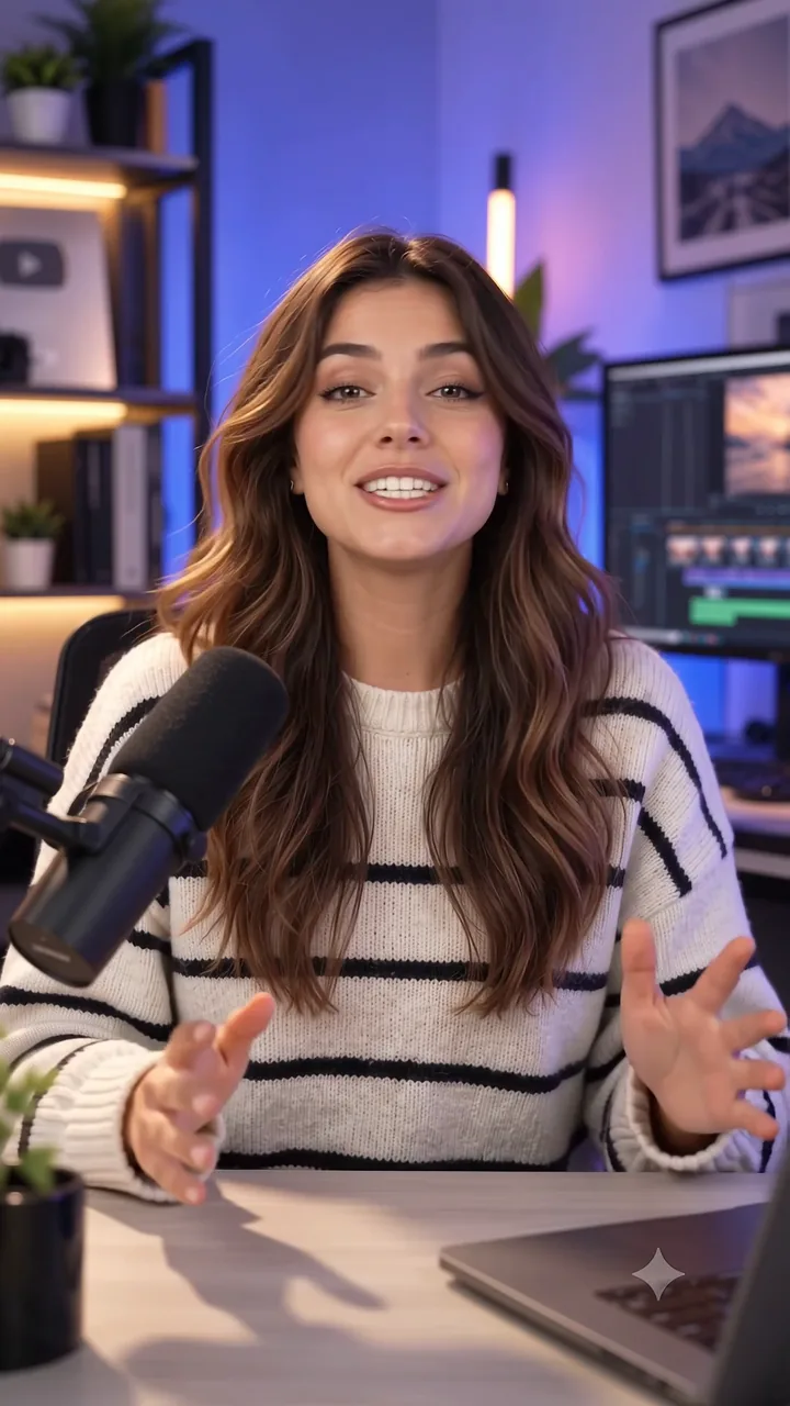 Podcast host talking at a microphone in a home studio, with animated subtitles added by ClipTitle