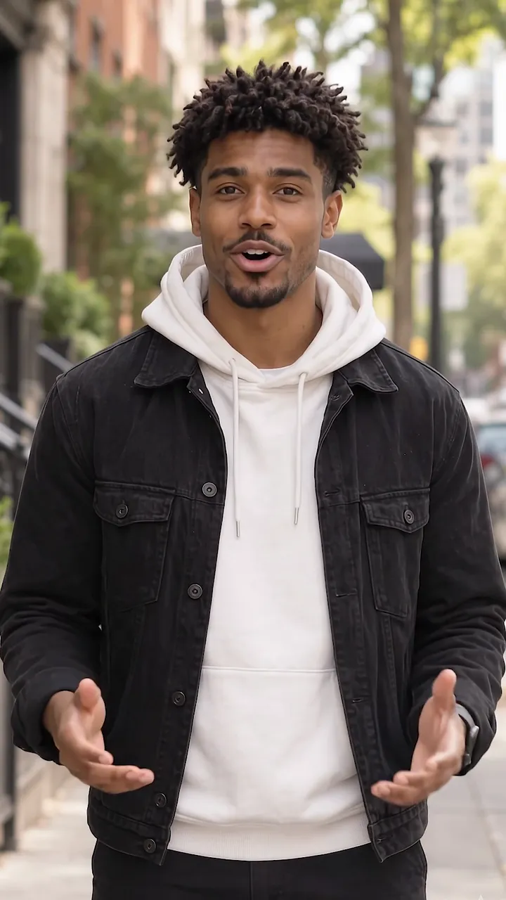 Creator filming a vlog on a city street, with automatic captions for Shorts and Reels added by ClipTitle