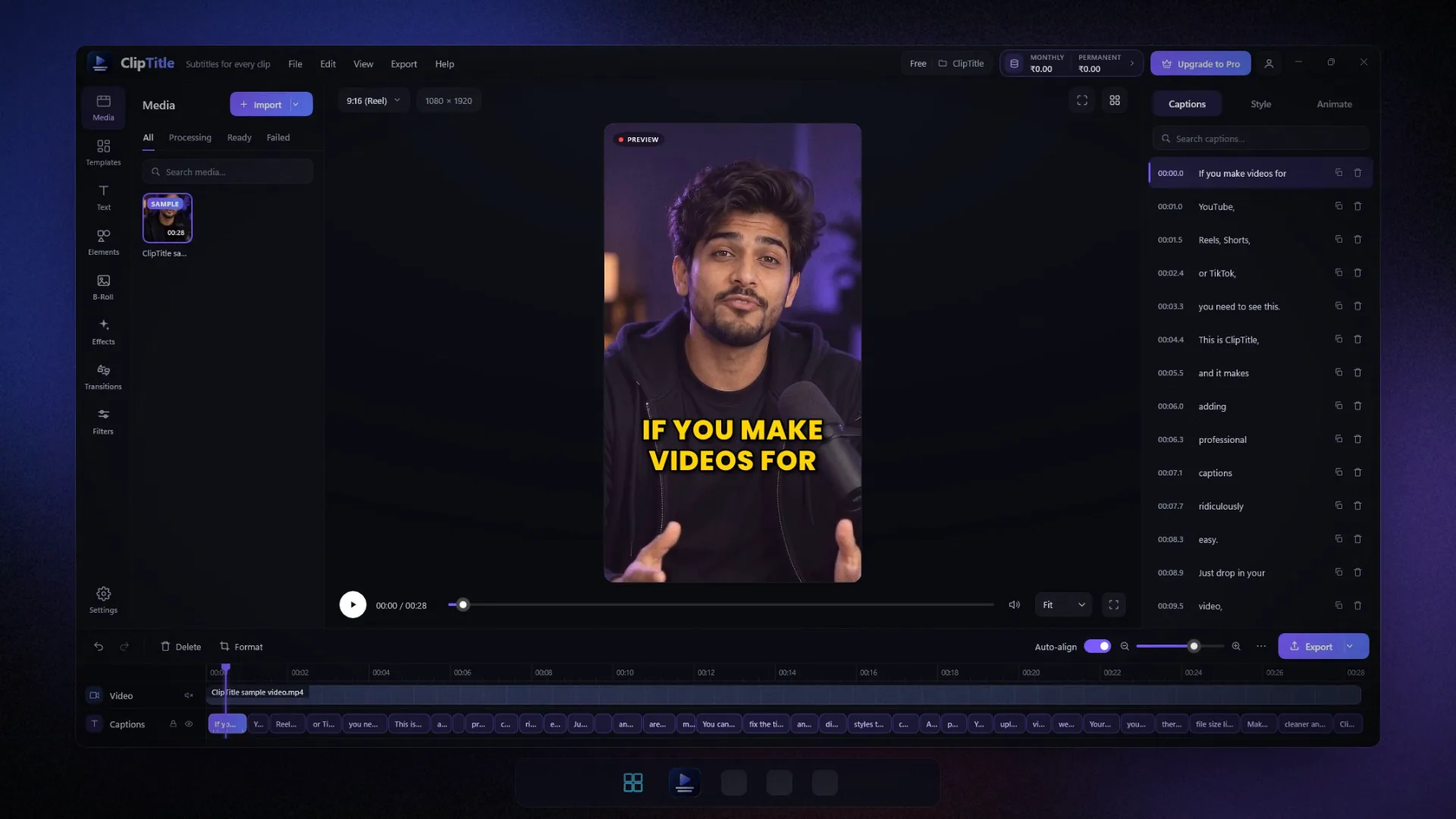 The ClipTitle caption editor for Windows: the media list, a live 9:16 video preview with captions, the timed caption list and the timeline