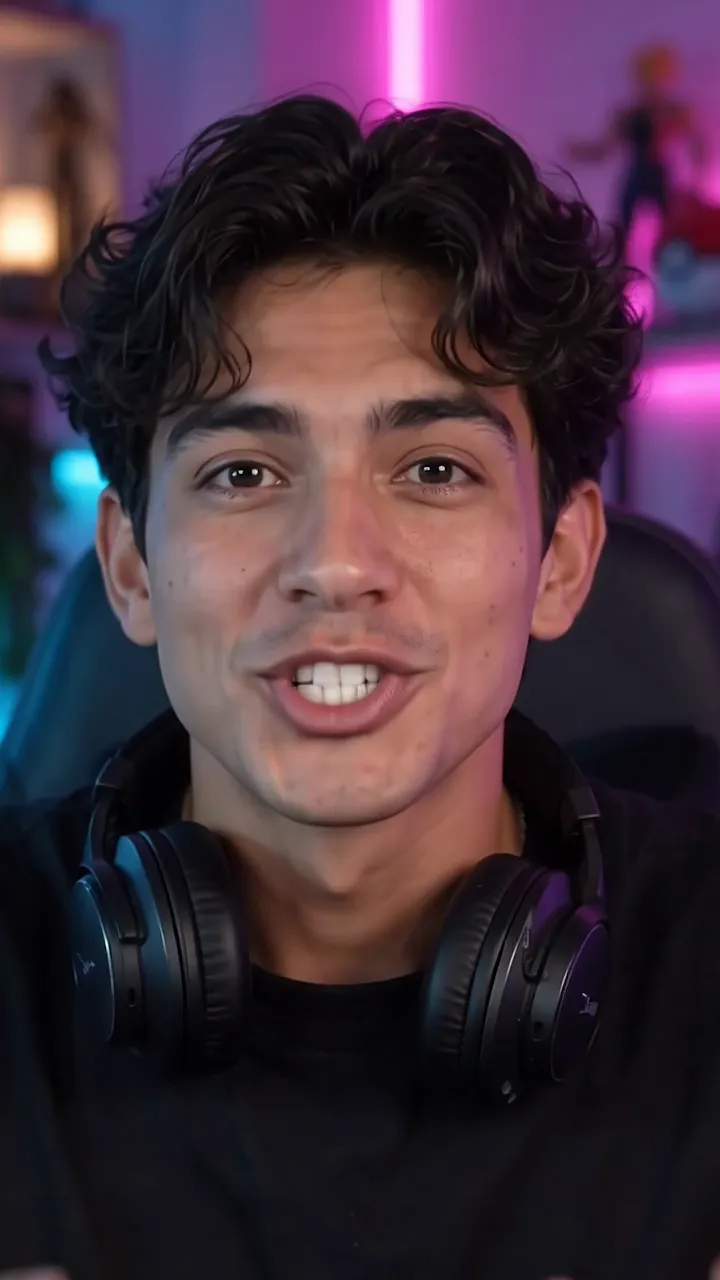 Gaming creator with headphones talking to camera in a neon-lit room, with glowing captions added by ClipTitle