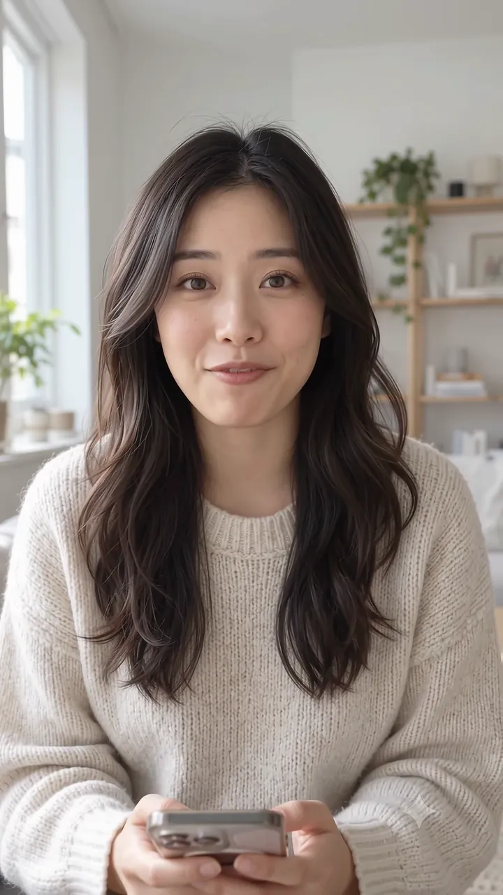 Lifestyle creator talking to camera in a bright minimalist apartment, with clean white captions added by ClipTitle
